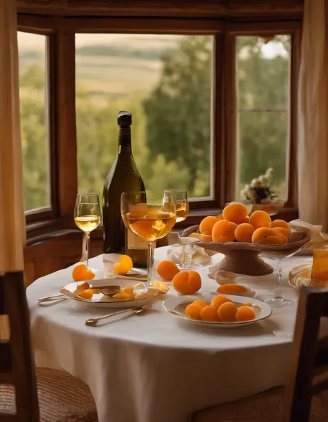 At the dinner table
1 glass of apricot wine
Some ripe apricots
1 wildflower
A few plates of simple food，A bottle of fine honey