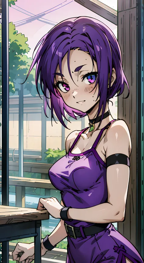 Masterpiece, Best quality, Ultra-detailed, Colorful,take up close, Hyper-detailing，purple color hair, reo mikage, bluelock, no sleeves, camisole and cheongsam, chinese clothes, chest exposure, underwear, frilly underwear, the kinky is exposed, choker, blac...