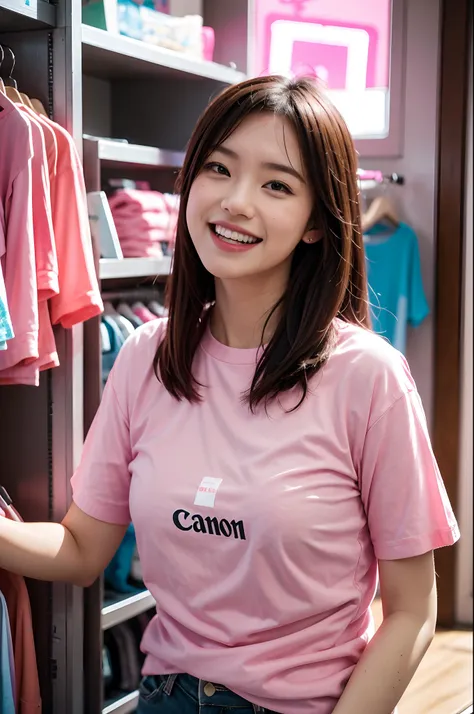 there is a woman standing in a store with a pink shirt, captured on canon eos r 6, shot on canon eos r 5, shot on canon eos r5, ...