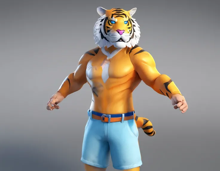 um personagem para desenho sendo um (((tigre branco))) , usando uma camisa azul, smiling and with open arms, para sites de vendas