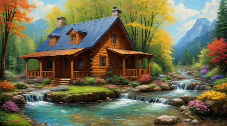 painting of a cabin in a mountain stream with a waterfall, children play around cabin,  4 k oil painting, beautiful oil matte pa...