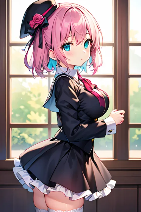 Highly detailed and realistic CG, Colorful , Masterpiece, (Best Quality:1.5), 1girl, solo, loli, petite, child, 10 years old, black mini hat, gothic, long sleeves, collared shirt, frill, buttons, aqua flower, jewel, skirt, aqua ribbon, thigh highs, gothic ...