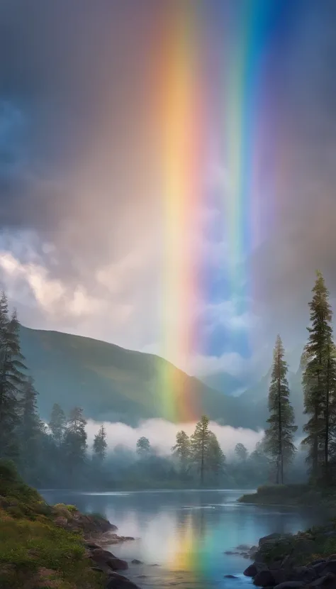 Generate a captivating image of stunning anime-style rainbows, devoid of any humans but radiating with vibrant beauty. Elevate the images quality by intensifying the brilliance and clarity of the rainbows colors, making them come alive with a dreamlike glo...