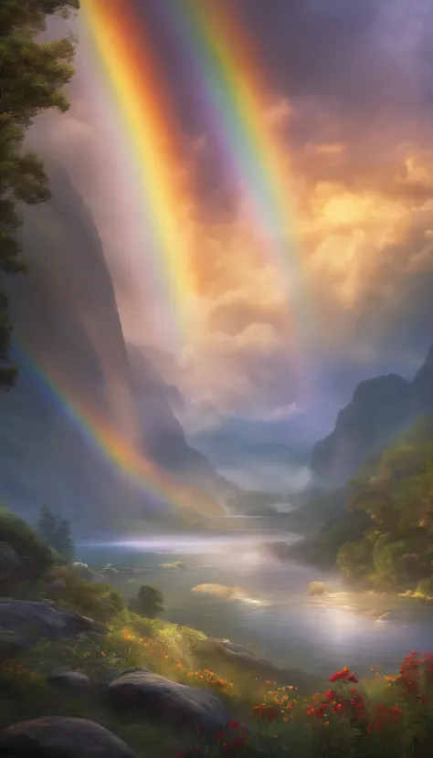 Generate a captivating image of stunning anime-style rainbows, devoid of any humans but radiating with vibrant beauty. Elevate the images quality by intensifying the brilliance and clarity of the rainbows colors, making them come alive with a dreamlike glo...