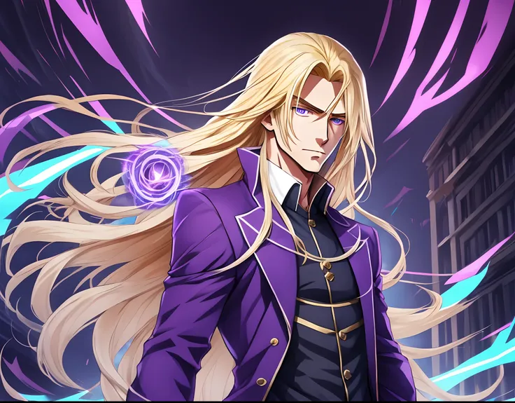 A blonde man with slightly long hair, 1.78 meters tall, his eyes are blue and wears clothes with a dark purple overcoat and has psychic powers. Make it in the anime art style Boku no hero --auto --s2