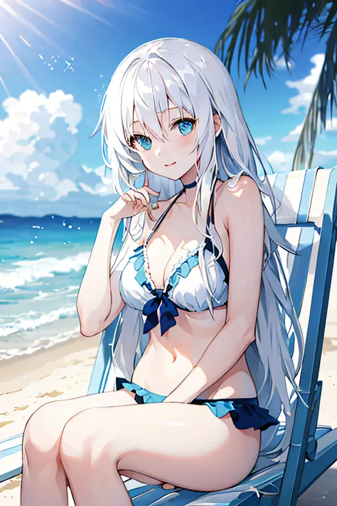 A girl with long white hair by the sea，Lay on a beach chair，rays of sunshine，blue bikini，Blurred foreground