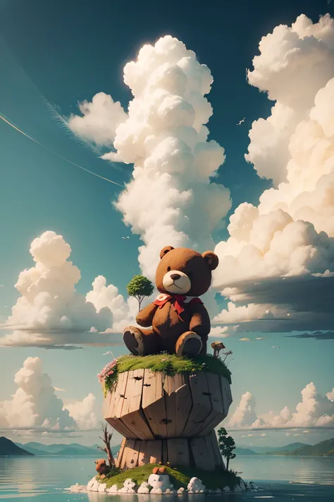 teddy bear sitting on a mini floating island, with happy clouds above him