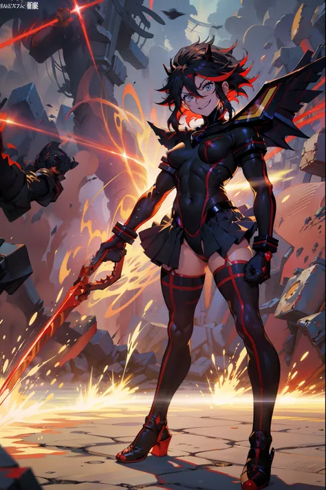 Anime, ryoko matoi,flying through the sky with black angel wings, golden leotard armor, In Battle, Chaos, shooting laser beams from hands, masterpiece ,pantyhose, boots,magicagirl body suit, large skirt, smile, long skirt,standing,smile forest,smile, full ...