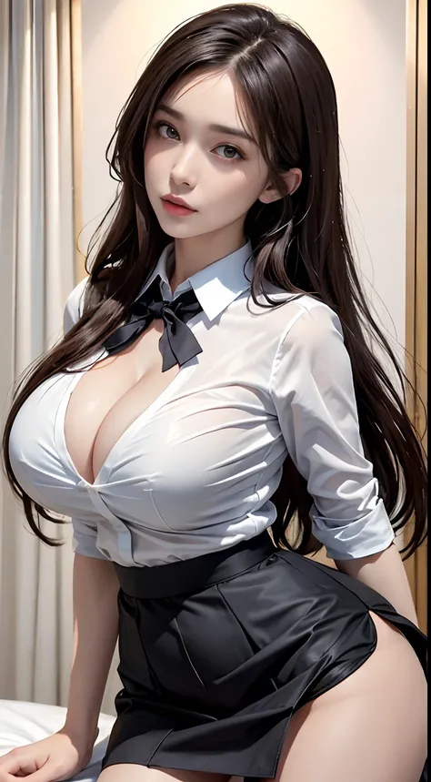 Photorealistic, high resolution, 1womanl, a matural female（Wives and young women）, Solo, hips up high, view the viewer, (Detailed face), Wavy hair, Long hair, Transparent school uniform, Mini skirt，The reveal panties，super gigantic breasts，Sexy super breas...