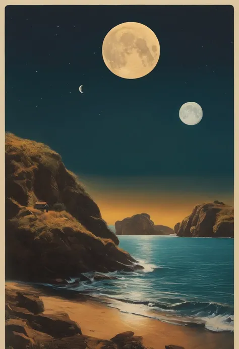 Noisy record covers，The main object is a bottle of honey，The background is the moon and the sea