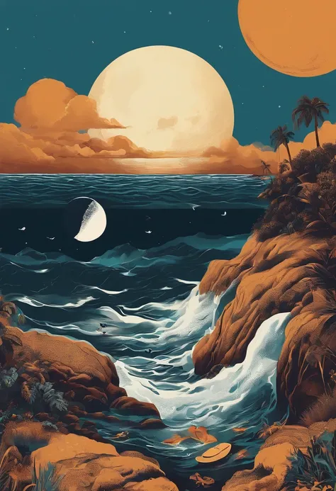 Noisy record covers，The main object is a bottle of honey，The background is the moon and the sea