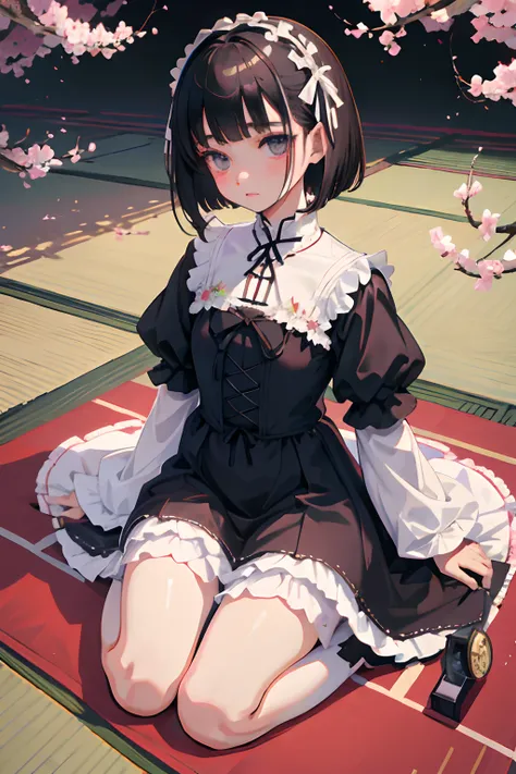 wariza，Curtsey，child，（​masterpiece，Highest Quality），(shortsleeves，White Gothic Lolita)，Sleepy face，Round eyes，A dark-haired，Semi-long bob，bare-legged，Tatami mats，cherry trees