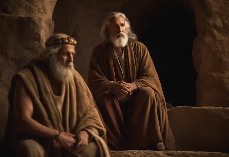 A king, with a beard, apparent age of 50 years, looking astonished, scared, focusing on his face, looking at another man, looking 50 years old, desolate, with deformity in his legs, focus on the deformed legs. Ancient setting, time before Christ.