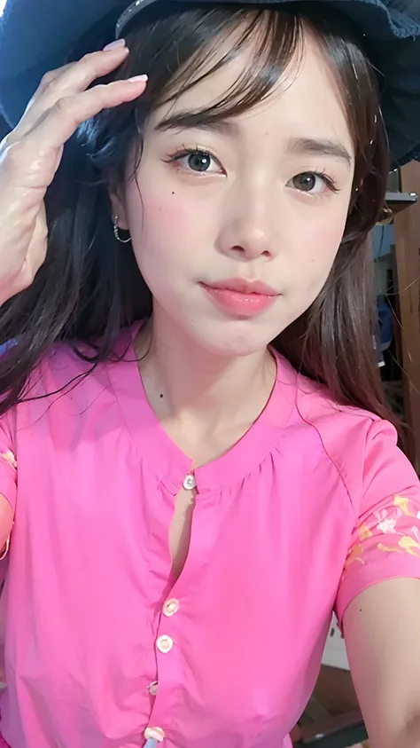 there is a woman that is wearing a pink shirt and a blue hat, nivanh chanthara, dang my linh, with cute - fine - face, young cute wan asian face, asian girl, with lovely look, in style of lam manh, south east asian with long, ruan cute vtuber, very low qua...