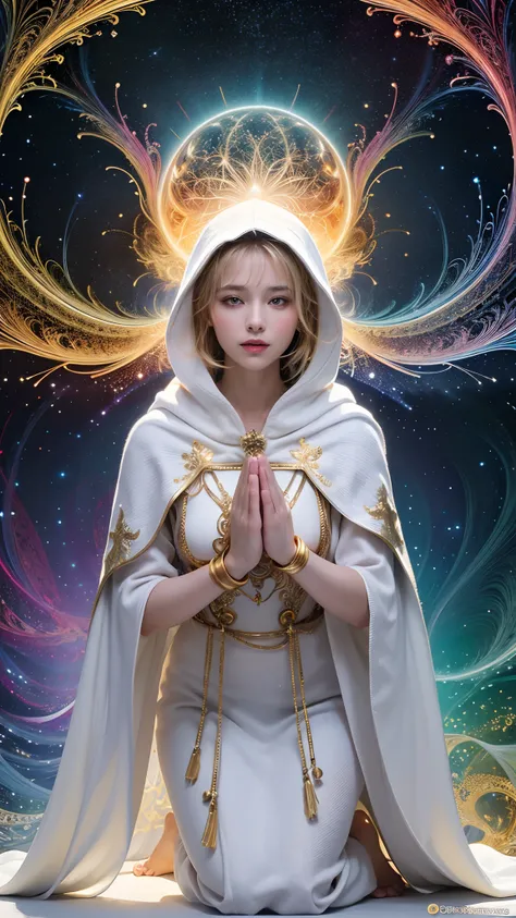 (masterpiece, top quality, best quality, official art, beautiful and aesthetic:1.2), (1girl), extreme detailed, (fractal art:1.3), colorful, highest detailed, perfect face, upper body, HDR, (praying:1.3), (white cloak golden lines:1.2), galaxy, (light stre...