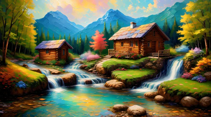 painting of a cabin in a mountain stream with a waterfall, children play around cabin,  4 k oil painting, beautiful oil matte pa...