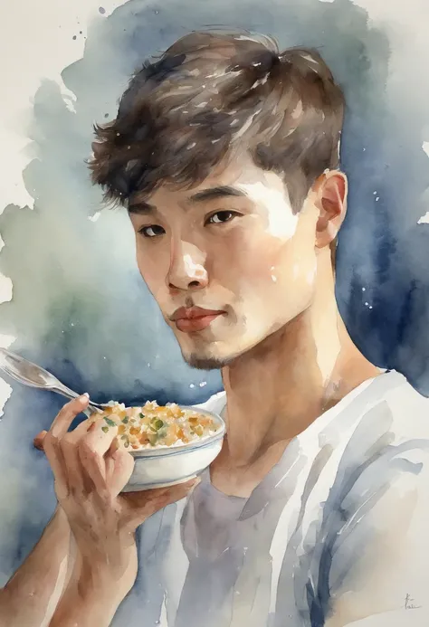 Young man with short hair Japan、Eating rice with a spoon、slender、tshirts、