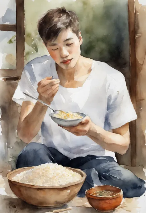 Young man with short hair Japan、Eating rice with a spoon、slender、tshirts、