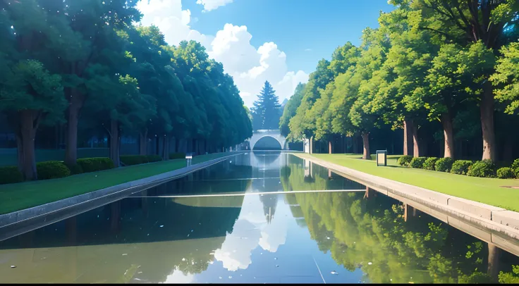 (beautiful university campus), the path of stone,two side of trees, after raining, drop of water from the trees, (students in the part of the picture), (small puddles of water reflection),(anime style),(CG), atmospheric perspective, masterpiece, accurate, ...