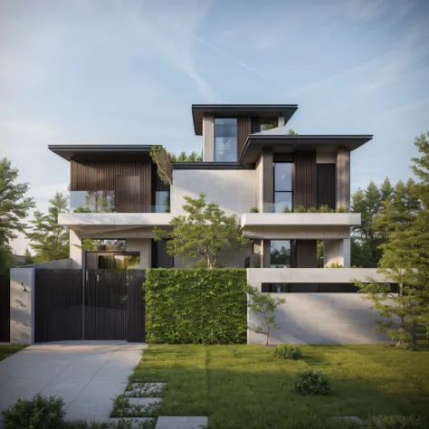 (masterpiece),(high quality), best quality, real,(realistic), super detailed, (full detail),(4k),8k,modern house exterior design...