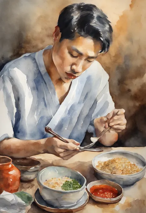 Young man with  Japan、Eating rice with a spoon、slender、tshirts、