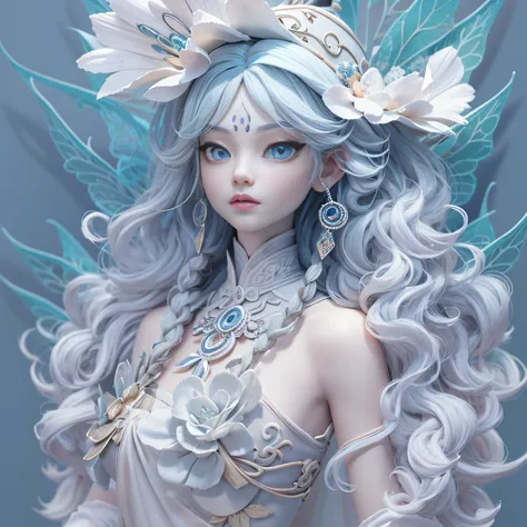 Balaco wind in Italy，Taoist fairy，Huangshan people，Exquisite Hair，Arm carving，White-blue hair all over the body，Delicate gradient shoes，Eye portrayal，Exquisite Hair，Popmart blind box，Clay texture，Treading on the ground，Black and white background，natural  l...