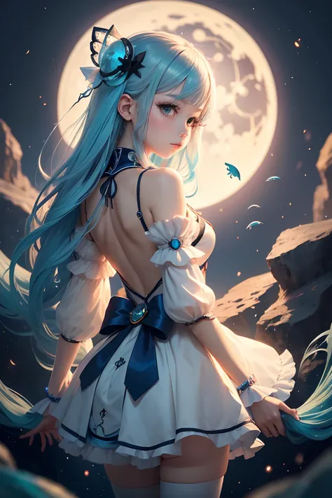 (cancer zodiac) there is a woman with grey glowing cyan hair on underwater with glowing cyan fish, Godest of the sea, spider arm attatched on back, anime girl cosplay, anime girl in real life, anime style mixed with fujifilm, portrait of magical lolita gir...