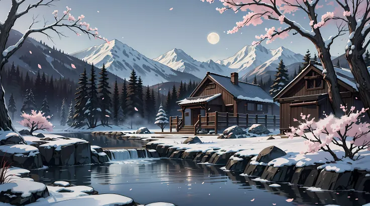 Mountainside hot spring, steam rising, stone path, cherry blossoms gently falling, full moon illuminating the scene, (gray background, blank background), (ultra-detailed), (best quality, 4k, 8k, highres, masterpiece:1.2).