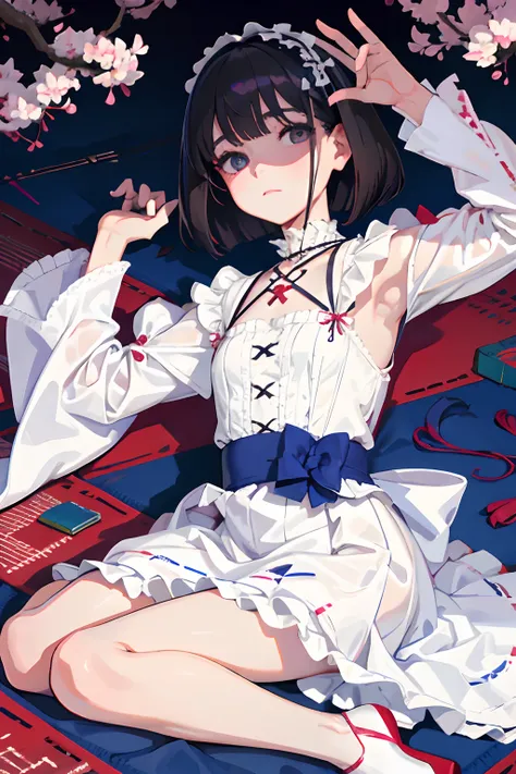 wariza，Curtsey，child，（​masterpiece，Highest Quality），(shortsleeves，White Gothic Lolita)，Sleepy face，Round eyes，A dark-haired，Semi-long bob，bare-legged，Tatami mats，cherry trees