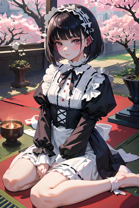 wariza，Curtsey，child，（​masterpiece，Highest Quality），(shortsleeves，White Gothic Lolita)，Sleepy face，Round eyes，A dark-haired，Semi-long bob，bare-legged，Tatami mats，cherry trees