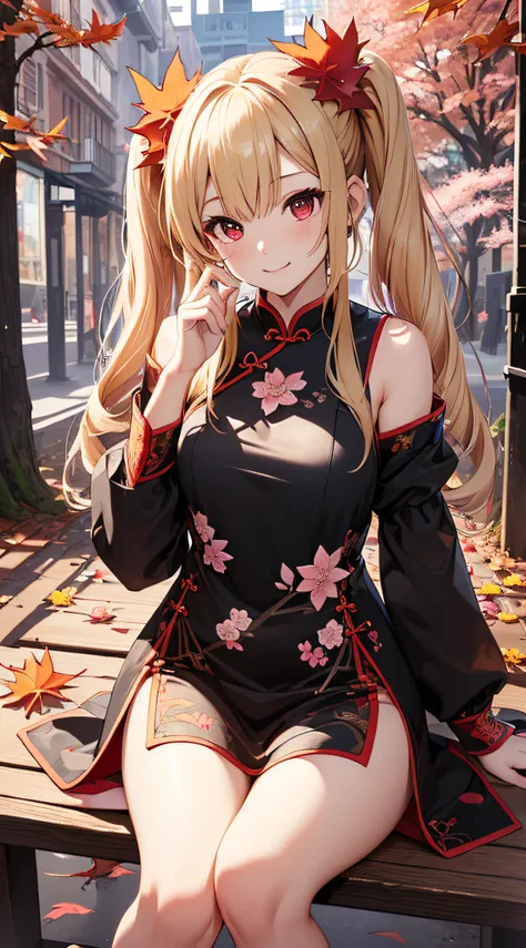 top-quality、Top image quality、​masterpiece、girl with((18year old、Black and red cheongsam、Best Bust、Bust 90、Blonde twintails、Red Eyes、open chest wide、Valley、Happiness、A slender、ssmile,Cherry Blossom Hair Ornament、sit on a bench、read a book)）hiquality、Beauti...