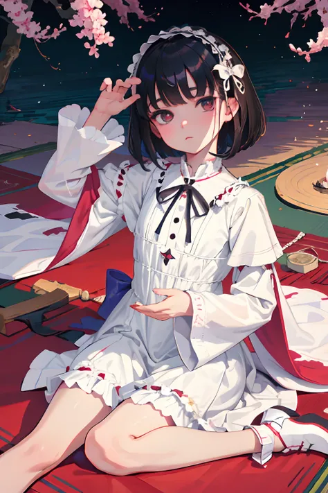 wariza，Curtsey，child，（​masterpiece，Highest Quality），(shortsleeves，White Gothic Lolita)，Sleepy face，Round eyes，A dark-haired，Semi-long bob，bare-legged，Tatami mats，cherry trees