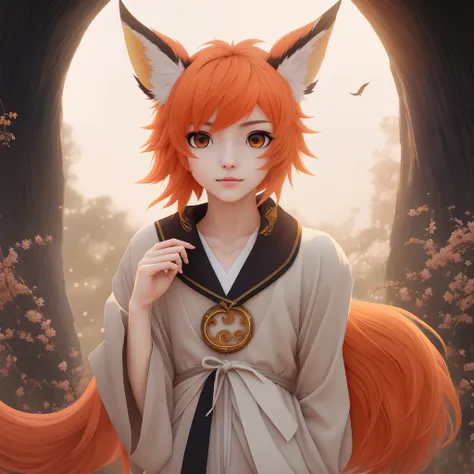 femboy, androgynous, highres, masterpiece, 4k, detailed, orange eyes, orange hair, animal_ears, tail, fox_tail, fox_ears, animal_ear_fluff, fox_boy, cute, neutral expression, one hand in the air, traditional japanese clothing, giant moon, night sky, artist...