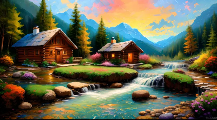 painting of a cabin in a mountain stream with a waterfall, children play around cabin,  4 k oil painting, beautiful oil matte pa...