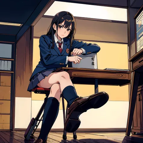 Japanese School, crass room, desk work, Chair, Beautiful High School Girl, a high school boy、Blazer, neck tie, high socks, Schoolgirl in loafers, High school girl sitting on chair,Man sitting upright on the floor、 legs crossed, Looking down, (Foot View), G...