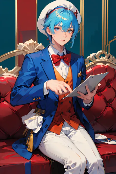 young man, handsome, blue red background, heterochromia blue red, hand in pocket, relaxed, looking at camera, waiter uniform, bow tie, concerned expression, no background, plain background