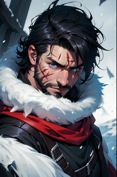 Viking berserker. Dark Black Hair. Short Hair. Huge Scars in his face. Snowy Background