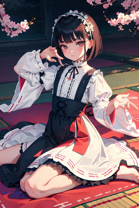 wariza，Curtsey，child，（​masterpiece，Highest Quality），(shortsleeves，White Gothic Lolita)，Sleepy face，Round eyes，A dark-haired，Semi-long bob，bare-legged，Tatami mats，cherry trees