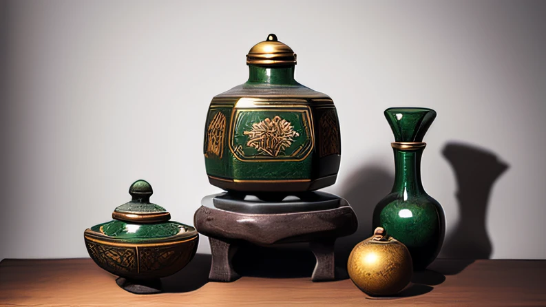 Antique artifacts，The bottle is placed on an ebony table，Total height 28 cm，Emerald inlay，This copper, White gold bronze bottle，It resembles a copper cleaning bottle unearthed by the shrine monk Tataki，It can be concluded that it is a relic of the Tang Dyn...