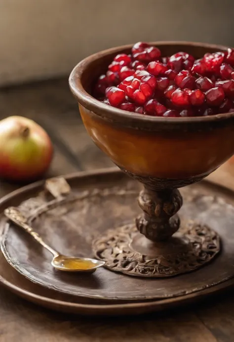 A cup of honey next to Shoshak, Cut the pomegranate and apple slices in half，In a plate decorated with honey - @TheMassiveShtudin --ar 3:2