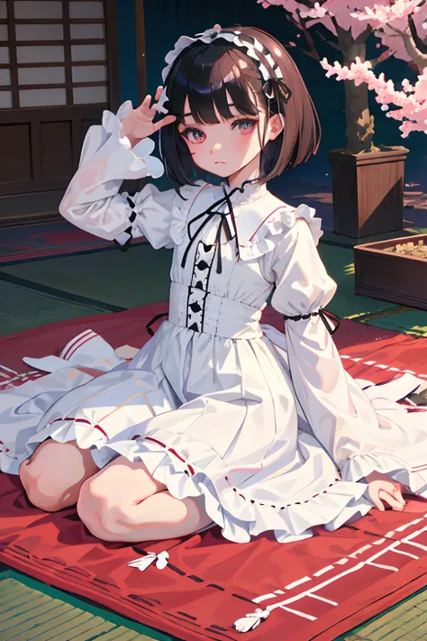 wariza，Curtsey，child，（​masterpiece，Highest Quality），(shortsleeves，White Gothic Lolita)，Sleepy face，Round eyes，A dark-haired，Semi-long bob，bare-legged，Tatami mats，cherry trees