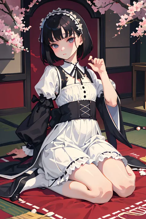 wariza，Curtsey，child，（​masterpiece，Highest Quality），(shortsleeves，White Gothic Lolita)，Sleepy face，Round eyes，A dark-haired，Semi-long bob，bare-legged，Tatami mats，cherry trees