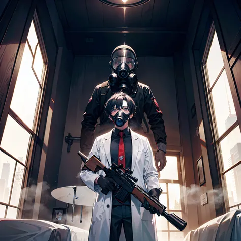 A man wearing goggles and short hair, Wear a white lab coat and red tie, Blue gloves, Gray eyes, Stand in a sci-fi background. The scene takes place in the bedroom. The image quality is 4K, With a masterpiece-like level of detail. The lighting is similar t...