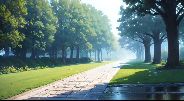 (beautiful university campus), the path of stone,(two side of trees,) after raining, drop of water from the trees, students in the part of the picture (small puddles of water),(anime style),(CG), atmospheric perspective, masterpiece, accurate, ((best quali...