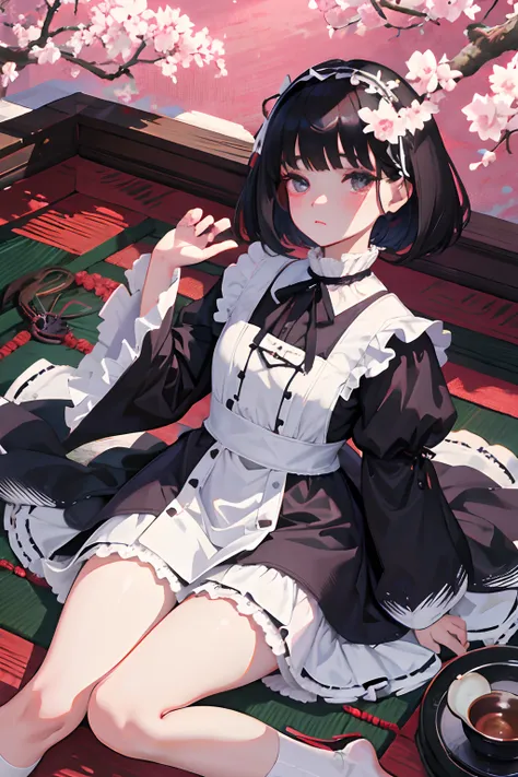 wariza，Curtsey，child，（​masterpiece，Highest Quality），(shortsleeves，White Gothic Lolita)，Sleepy face，Round eyes，A dark-haired，Semi-long bob，bare-legged，Tatami mats，cherry trees