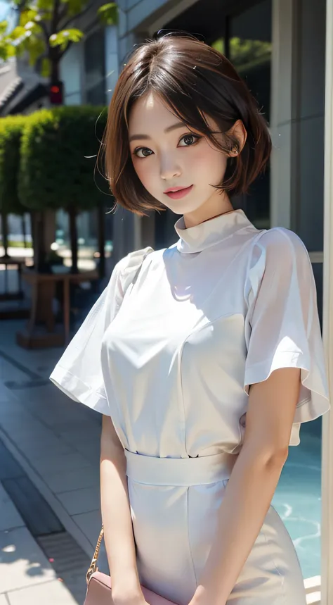 ​masterpiece、Top image quality:1.2、((beautiful young woman with))、Transparent skin:1.2、{A slight smil}、(kawaii)、Short sleeve knit、luxury hotel、depth of fields