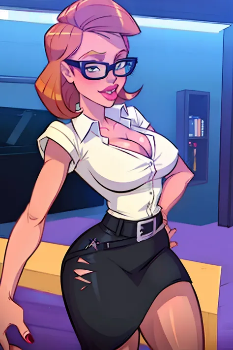 best quality, masterpiece, btfrm,  cowboy shot, portia cox, (solo), cyan blazer , lavender short hair, black plain pencil skirt , glasses, tight shirt, green eyes, medium breasts, ((arm on hips)), office, tongue lick