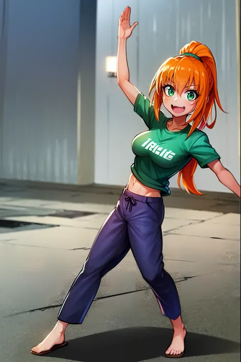 excel, orange hair, smile, fang, open mouth, green eyes,standing, medium breast, pants, pullover, ponytail, full body, flipflops