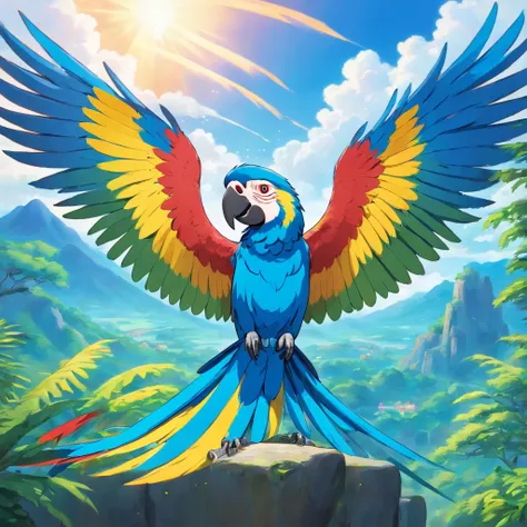 Macaw bird of blue color with open wings on its back Fantastic background