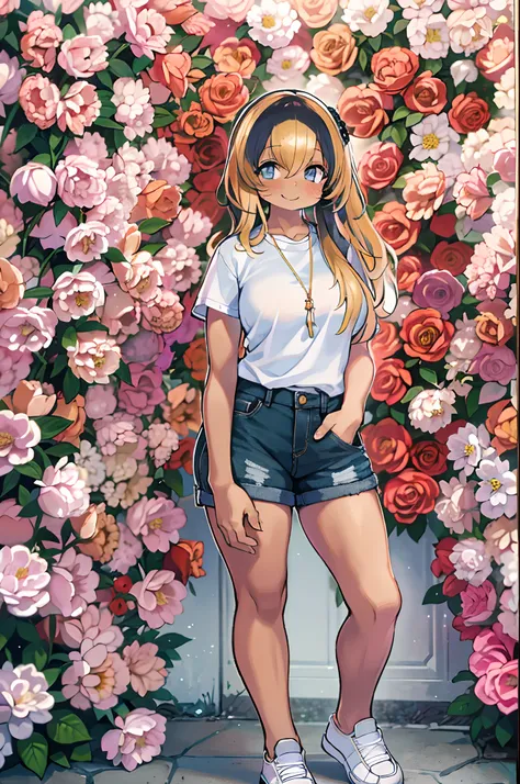 masutepiece, a young beautiful girl, Smiling, Looking at the camera, Stand in front of a mass of roses, Wearing shorts and T-shirt, White sneakers. Wearing tops and shorts, Flowers, fully body photo, Casual pose, Thicker legs